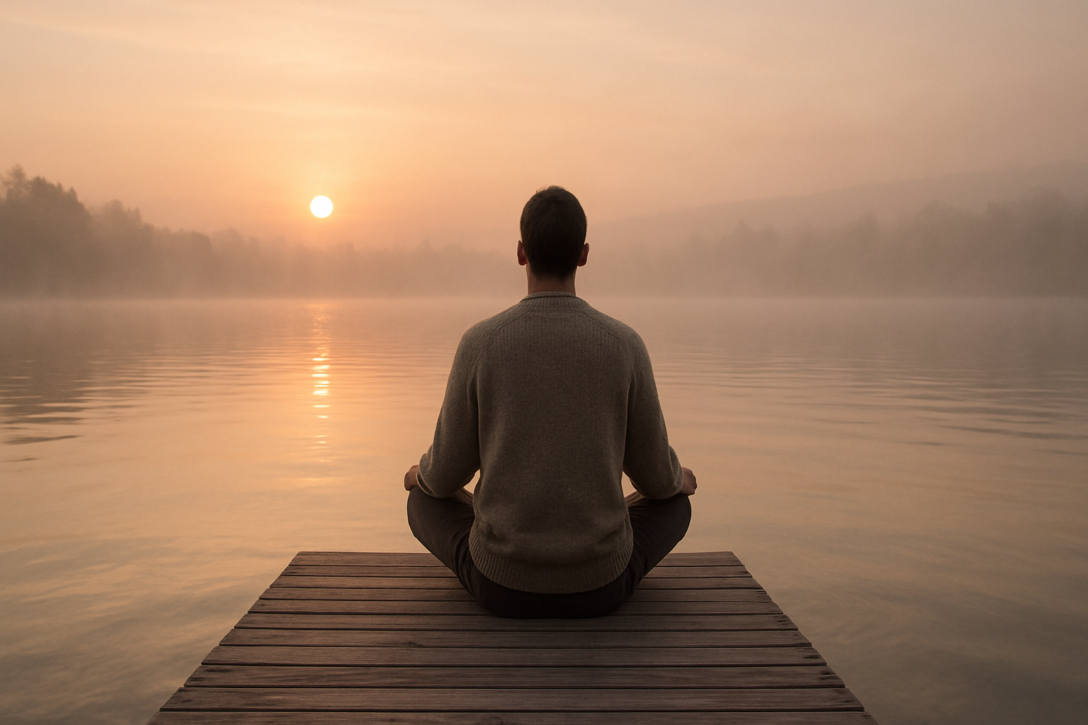 A person sits peacefully on a wooden dock looking over a calm, misty lake.