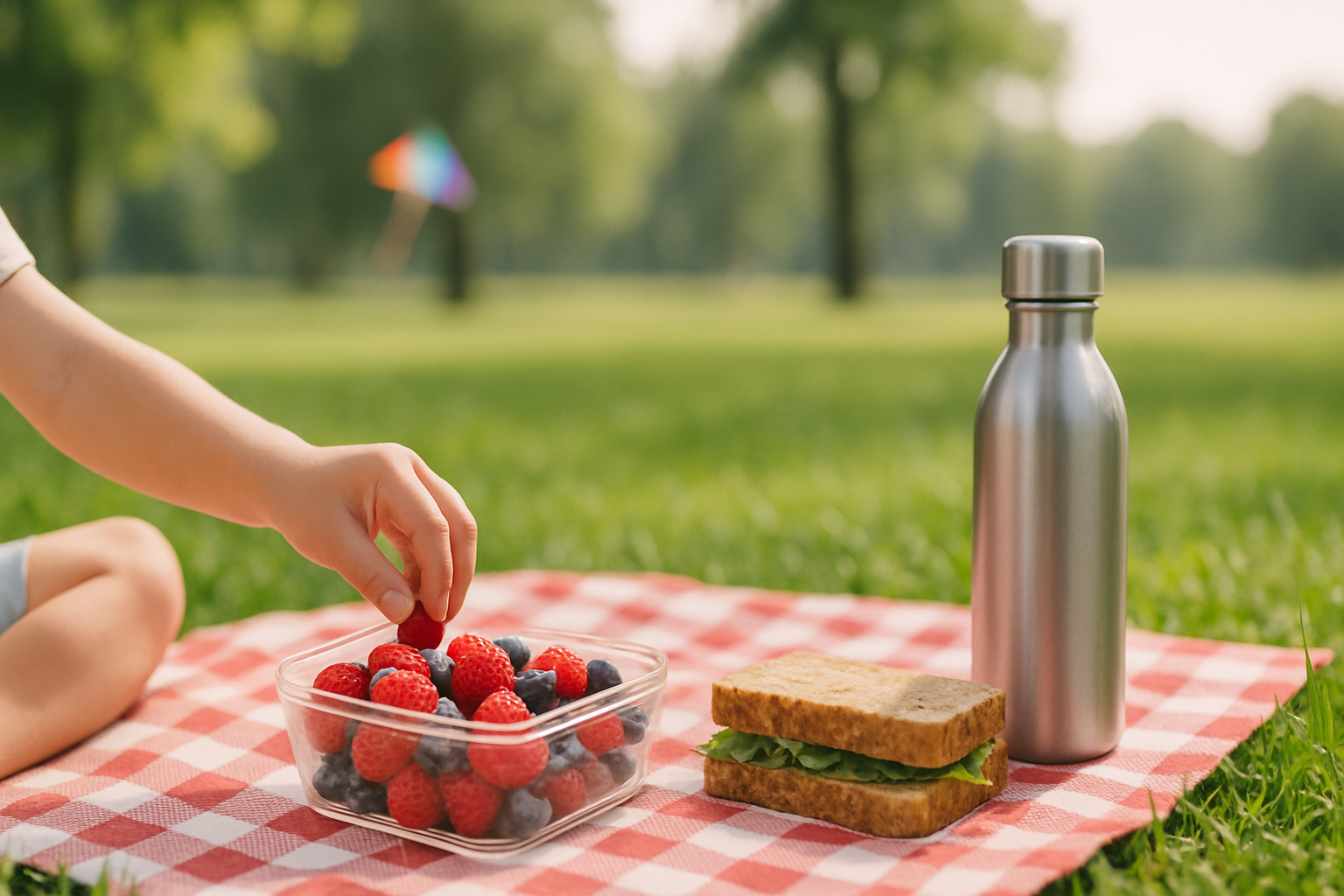 Child picking a berry from a picnic spread on a red gingham blanket.