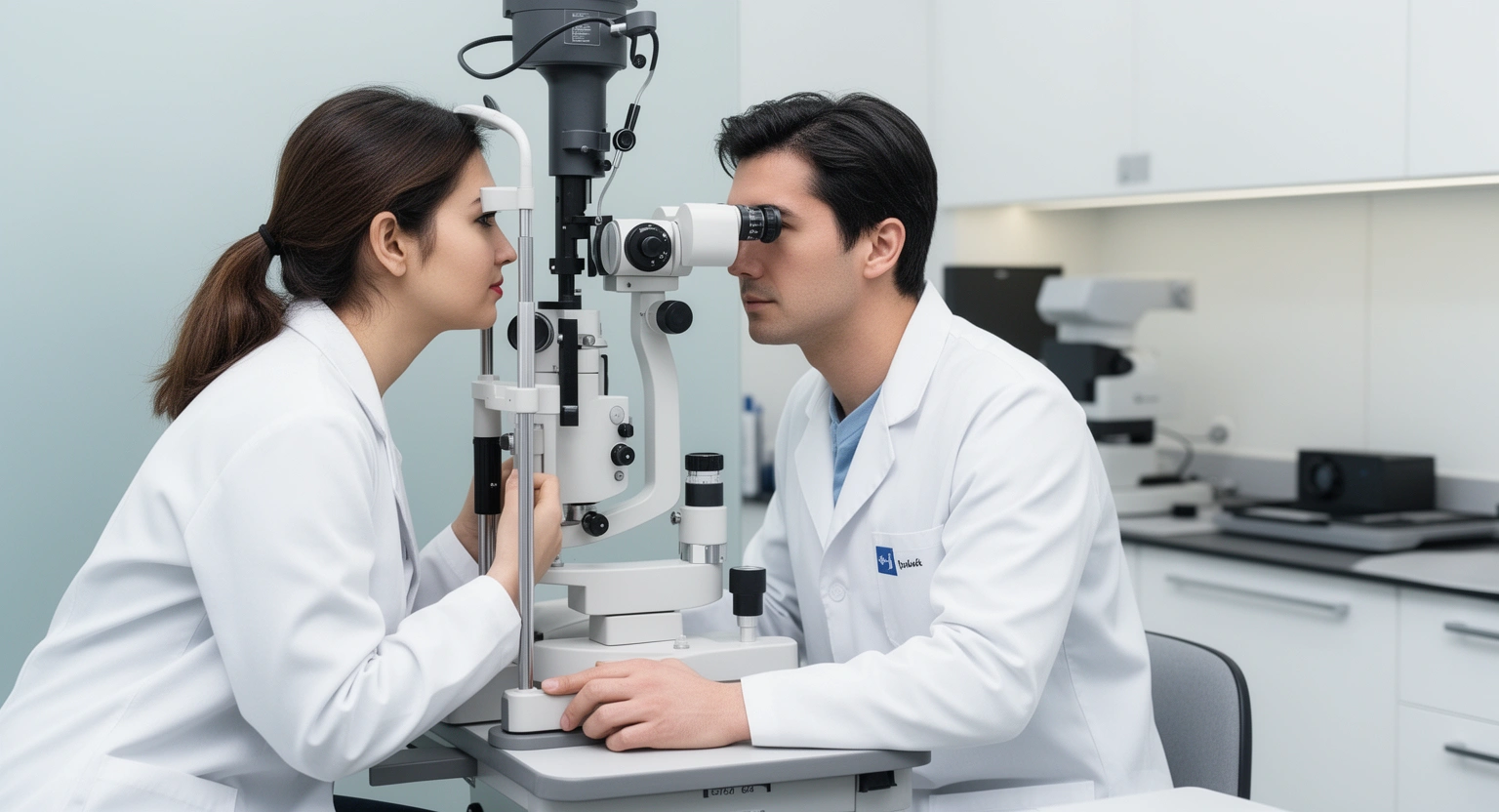 Optometrist performing comprehensive eye exam on patient at America's Best