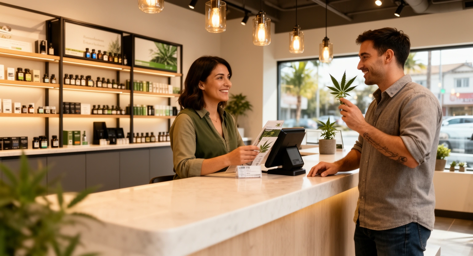 California Holistics knowledgeable budtender assisting a customer at the dispensary counter in Chula Vista