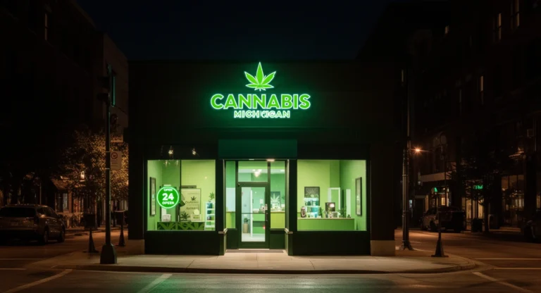 Cannamazoo 24hr recreational weed dispensary Kalamazoo Michigan exterior and signage at night
