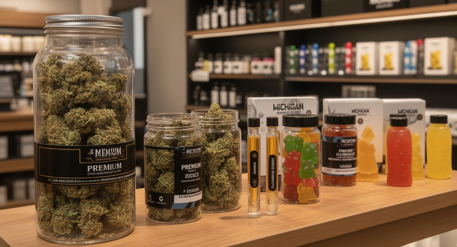 Premium cannabis flower and edibles on display at Cannamazoo weed dispensary in Kalamazoo MI