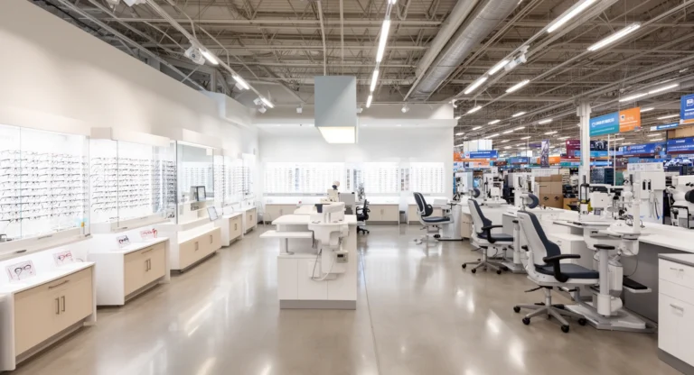 Costco eye exam optical center interior with eyeglass displays and examination area