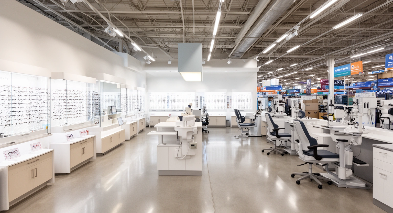 Costco eye exam optical center interior with eyeglass displays and examination area