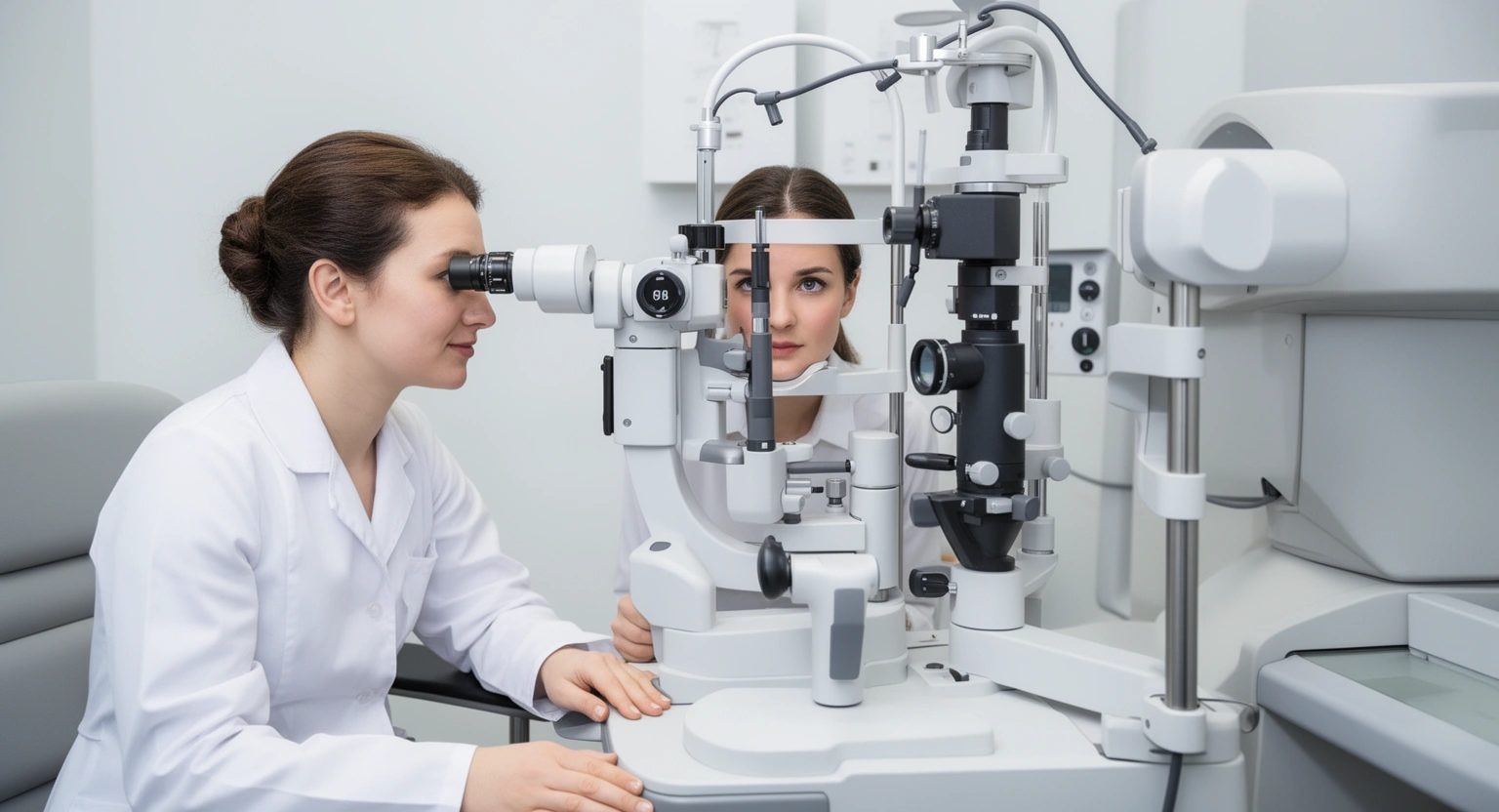 Optometrist performing comprehensive eye exam using slit lamp equipment