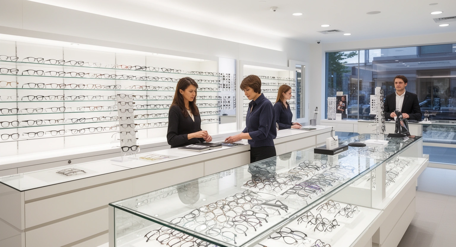Patient selecting eyeglass frames at optical center with wide frame selection display