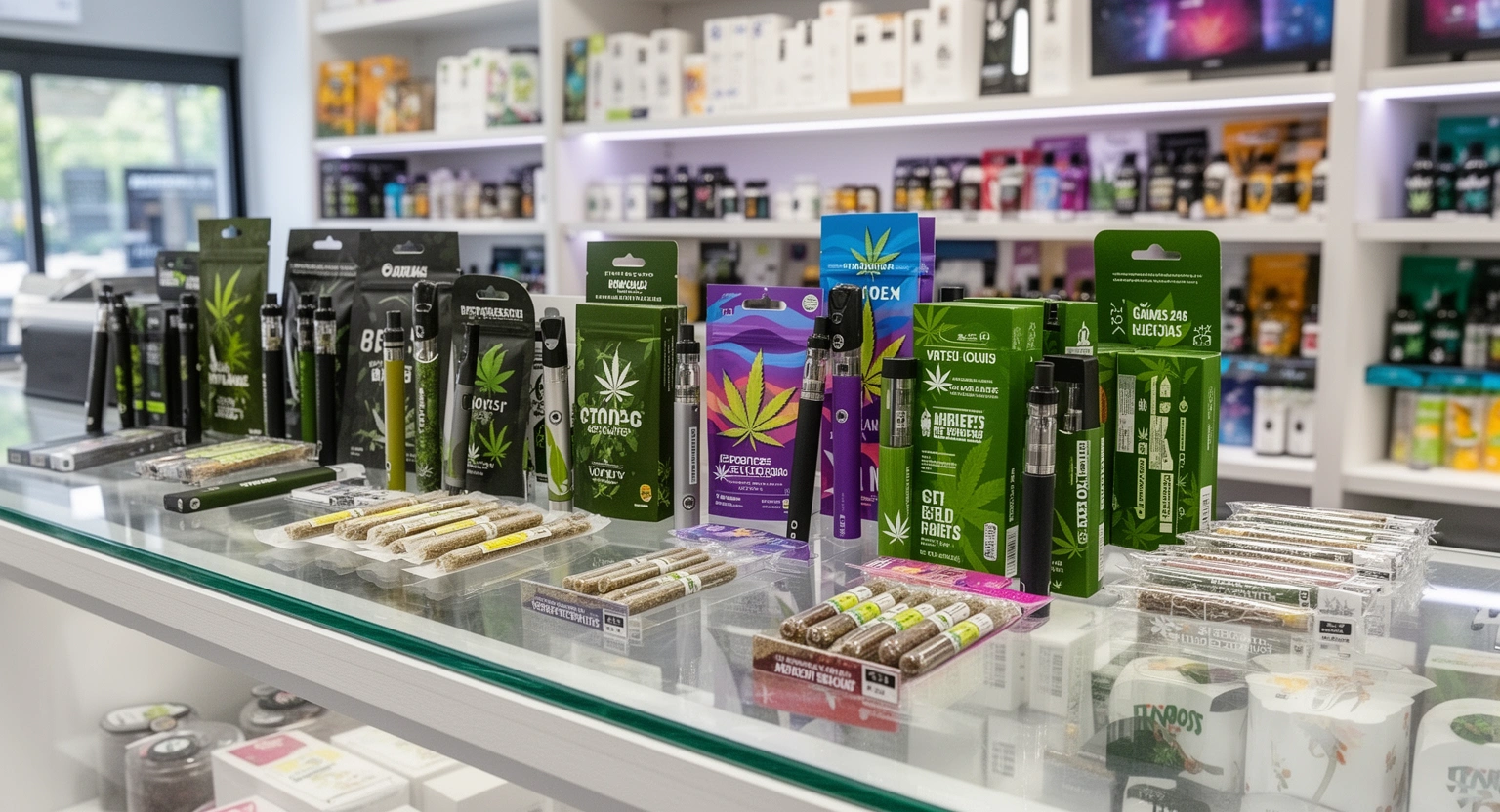 Cannabis edibles vapes and pre-rolls variety at a dispensary retail counter