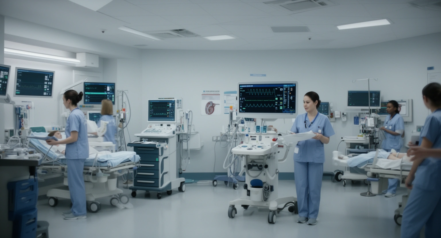 Cardiac care unit inside a hospital with advanced heart monitoring equipment