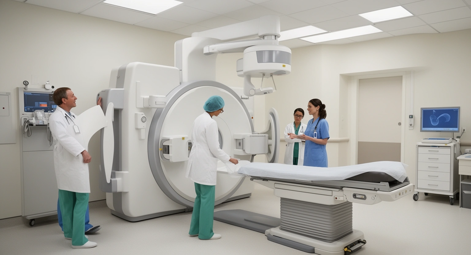 Hospital cancer center treatment room with radiation therapy equipment and patient care