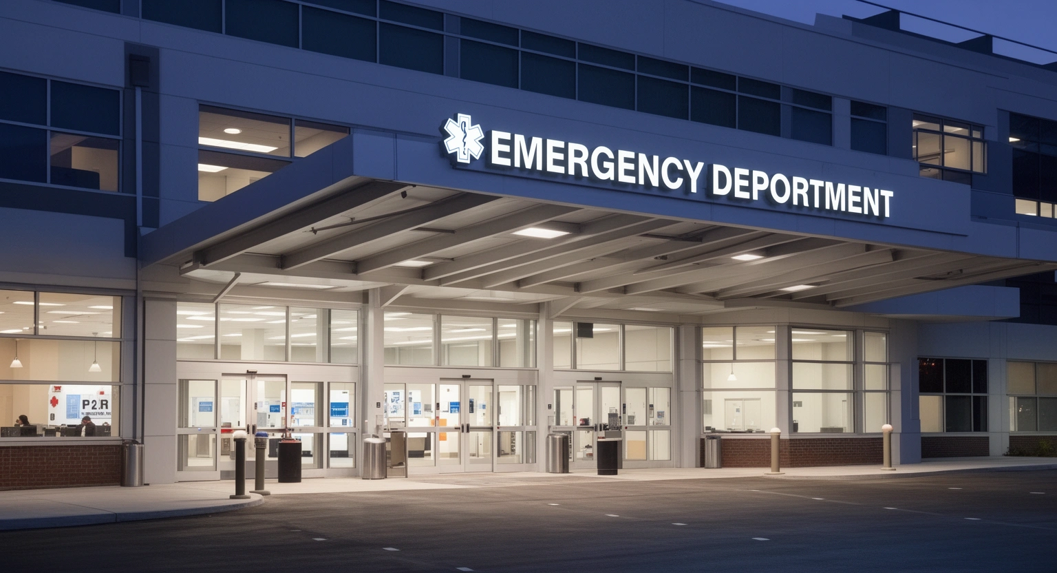Modern hospital emergency department entrance with Level I trauma center signage