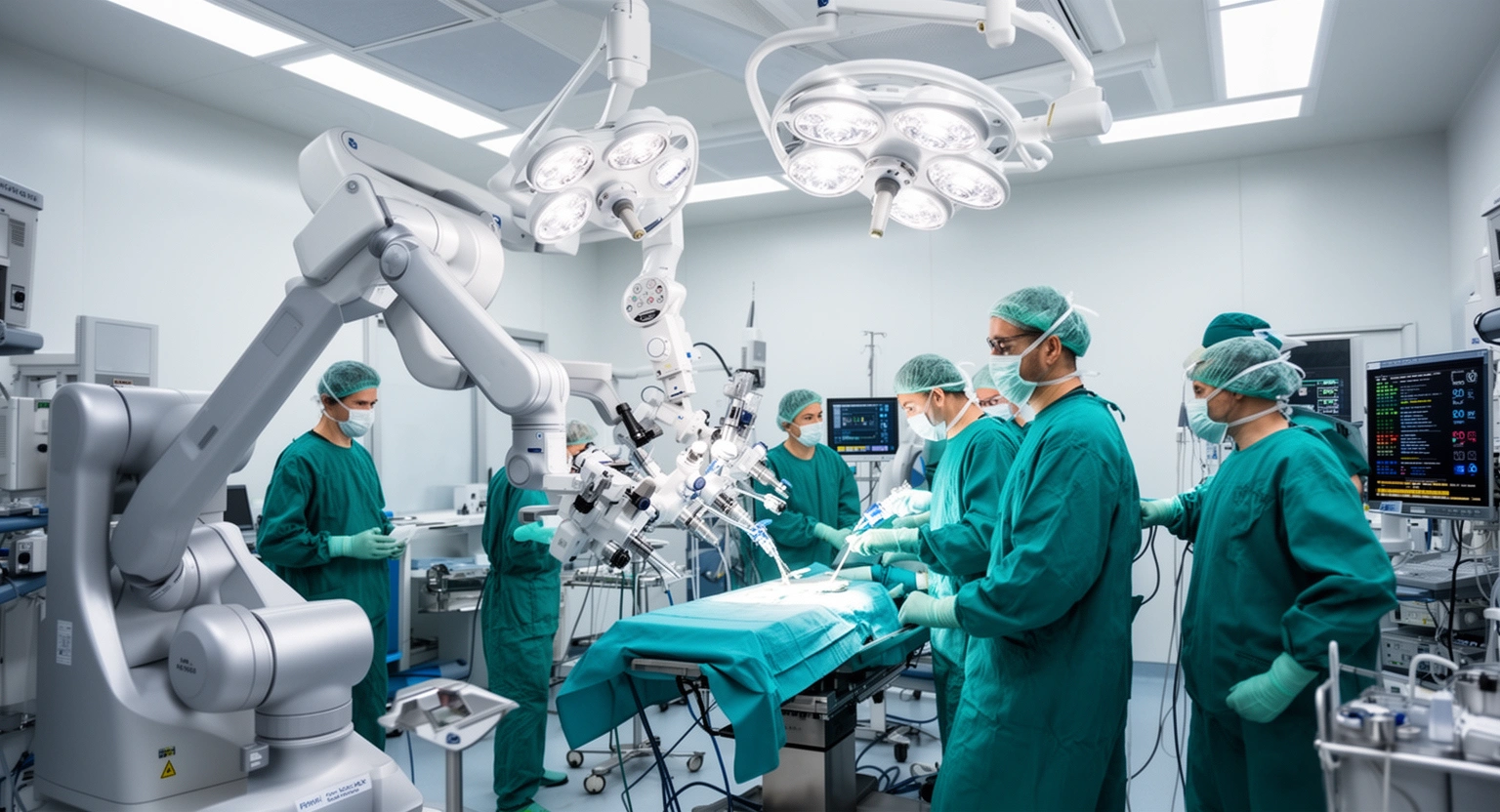 Advanced hospital surgical suite with robotic surgical equipment and operating room team