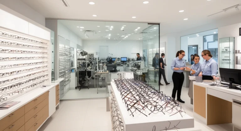 Eyemart Express optical retail store interior with eyeglass frame displays and in-store lens lab