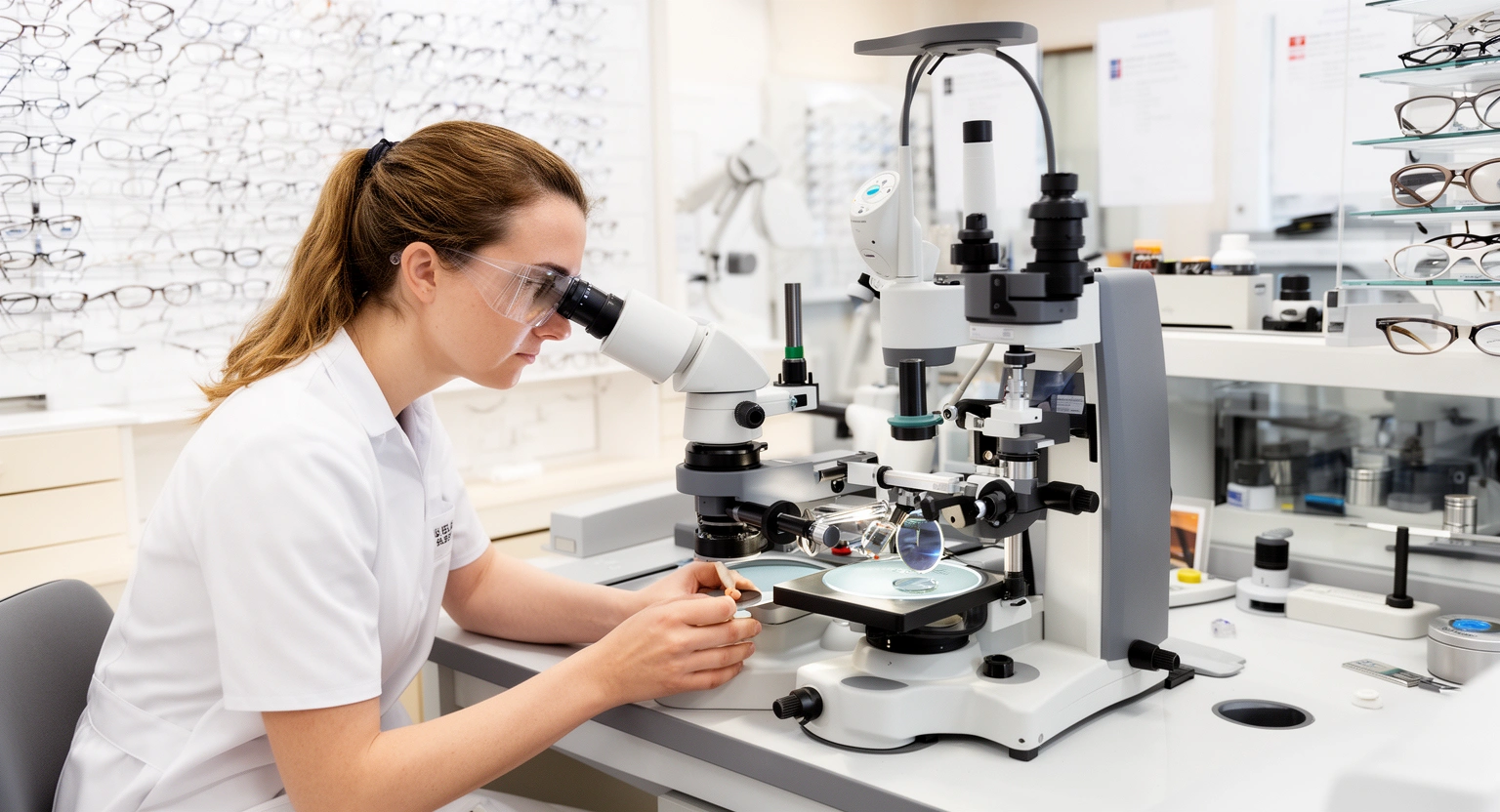 Optical lab technician crafting prescription lenses inside a same-day eyeglass lab
