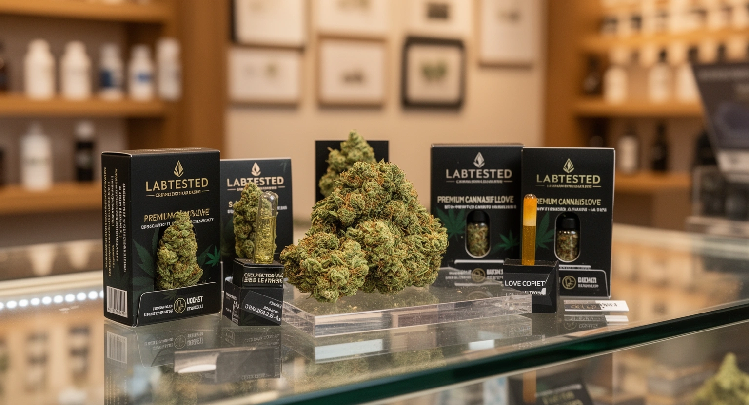 Premium cannabis flower and concentrate products displayed at a California licensed dispensary