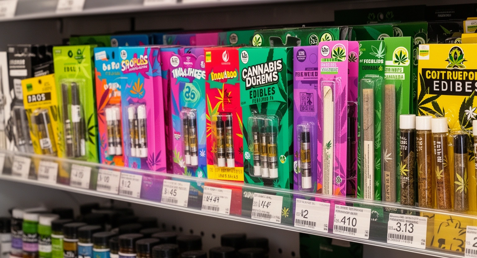 Cannabis edibles vape pens and pre-rolls selection at a Los Angeles area dispensary