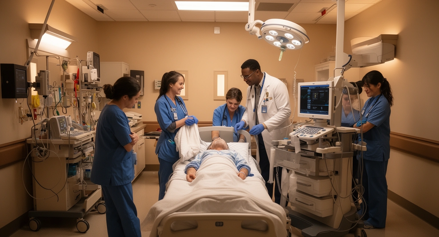 Hospital emergency department team treating a patient in a rural community medical center