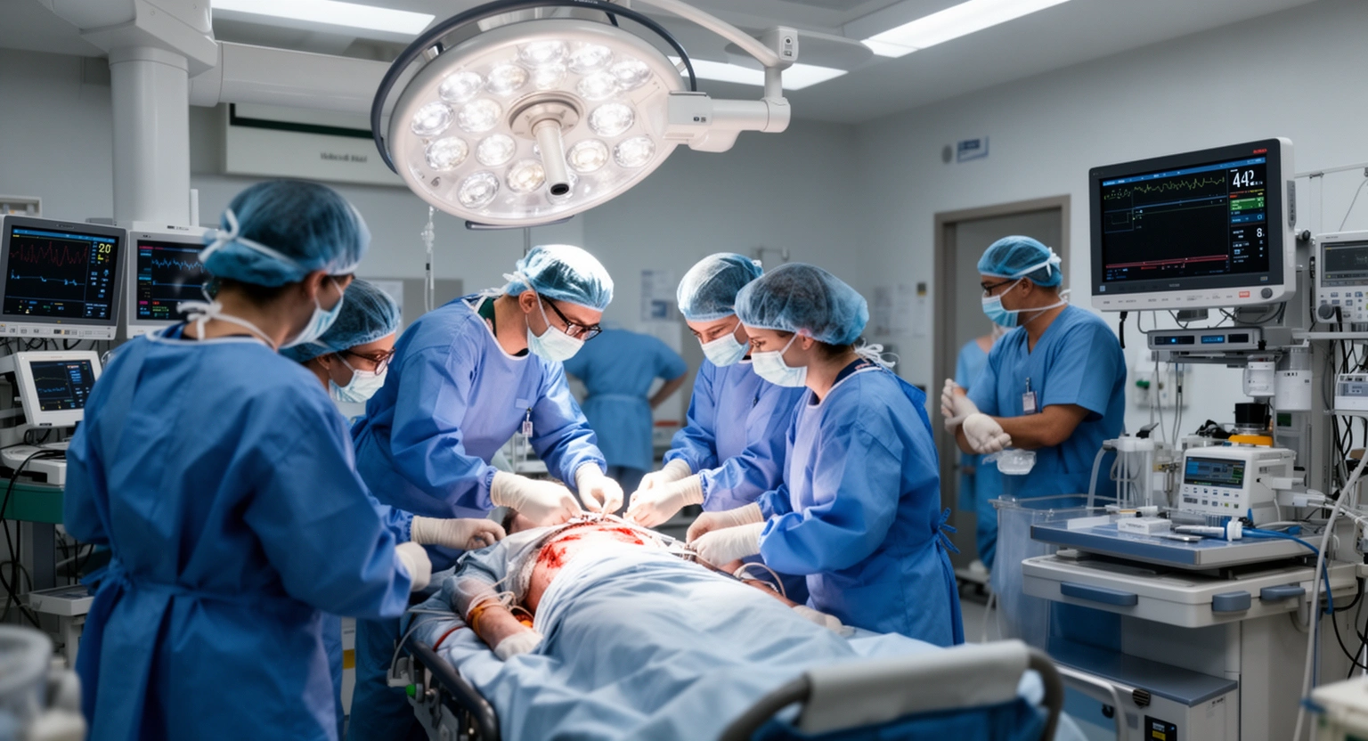 Level II trauma center emergency care team responding to a critical patient in a hospital