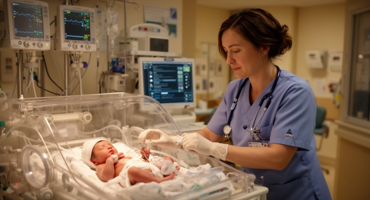 Neonatal intensive care unit with premature infant in incubator attended by neonatal nurse