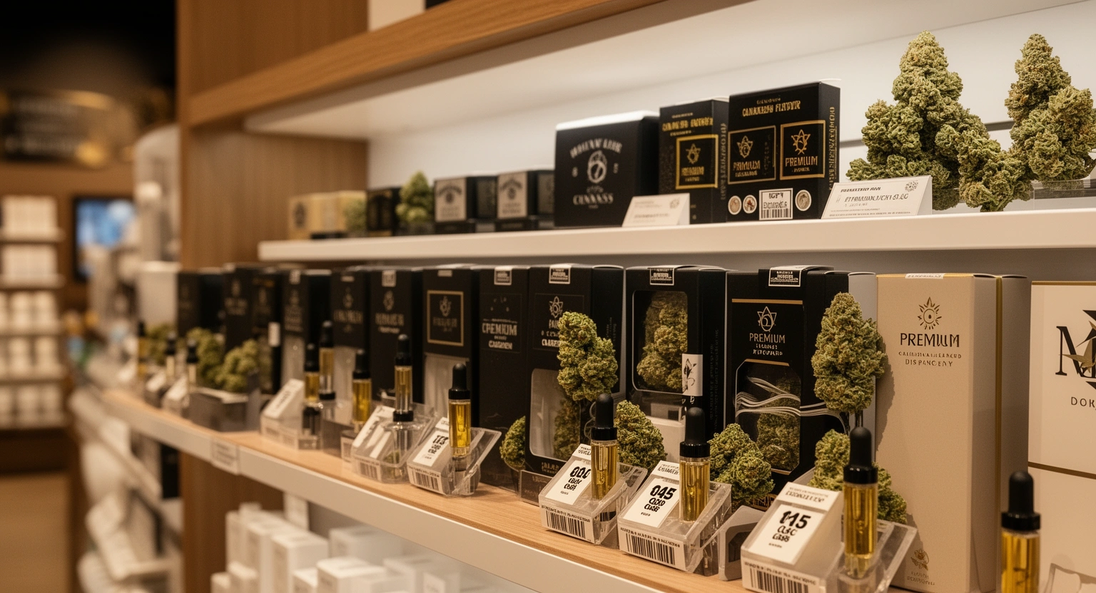 Premium cannabis flower and concentrate products in branded packaging at a California dispensary
