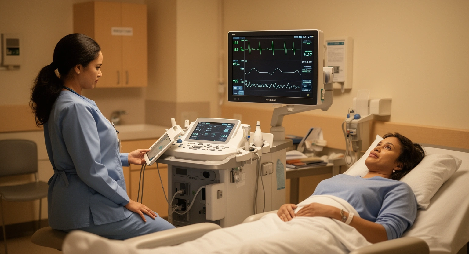Cardiology clinic with cardiac monitoring equipment and nurse assisting patient at rural hospital