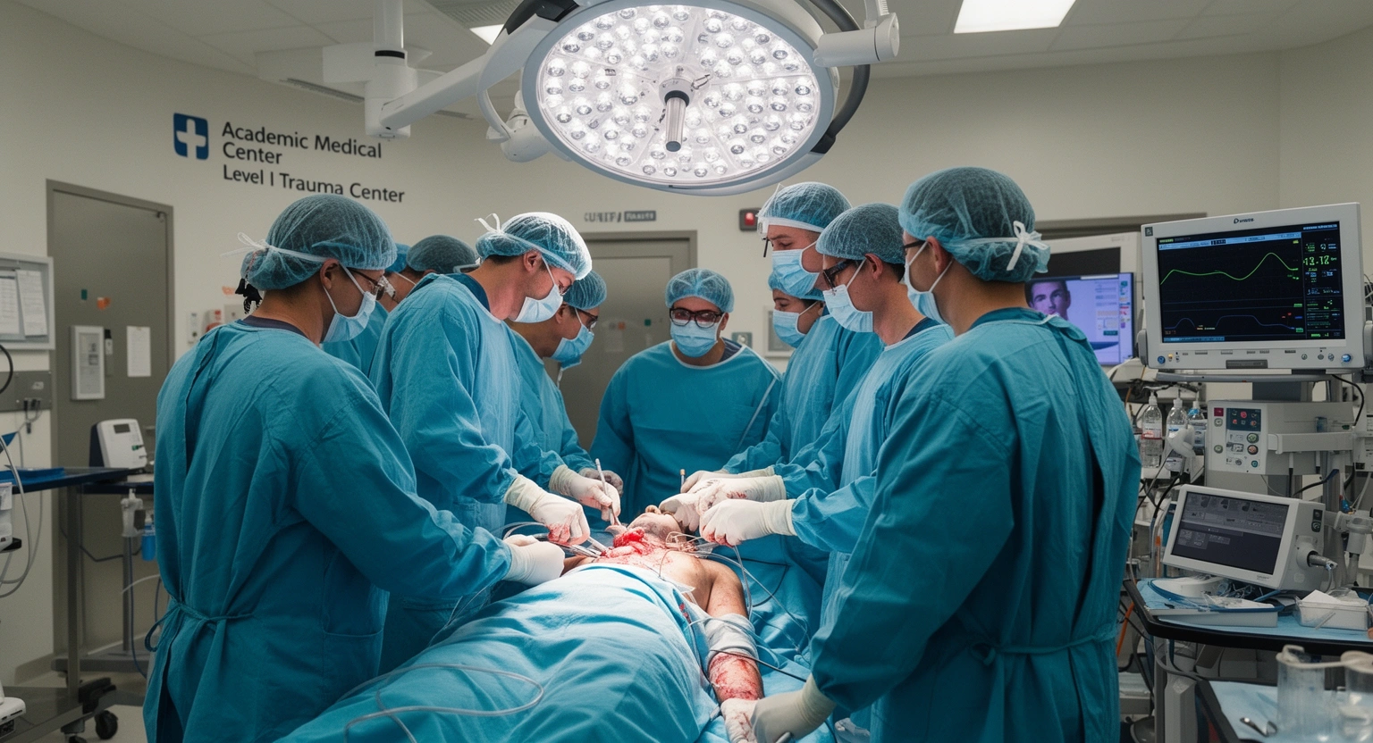 Level I trauma center surgical team operating in an academic medical center trauma bay