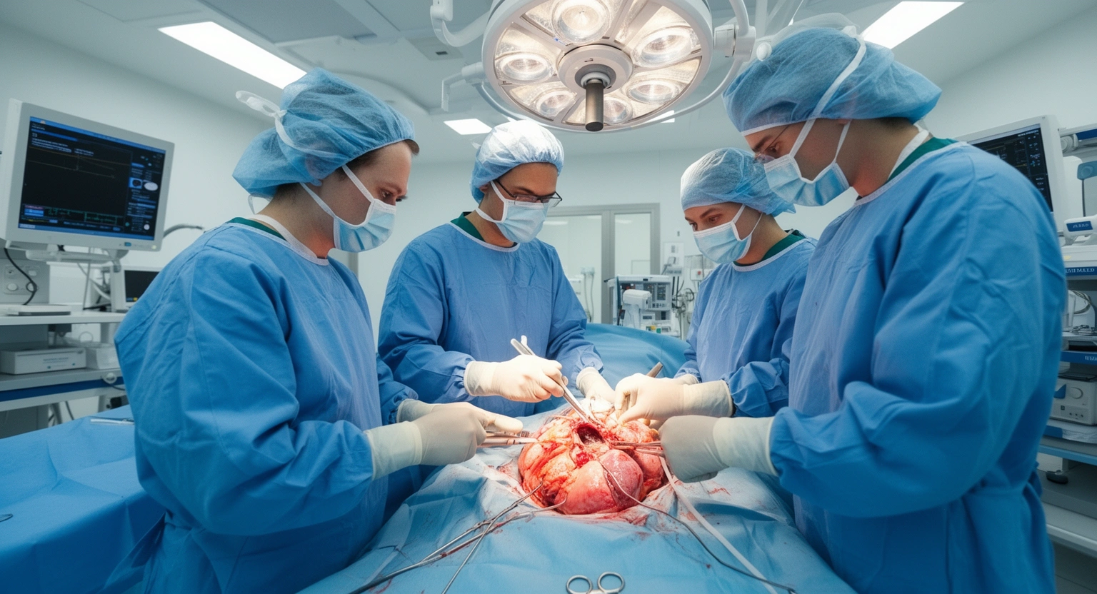 Organ transplant surgical team performing a heart transplant procedure in a hospital operating room