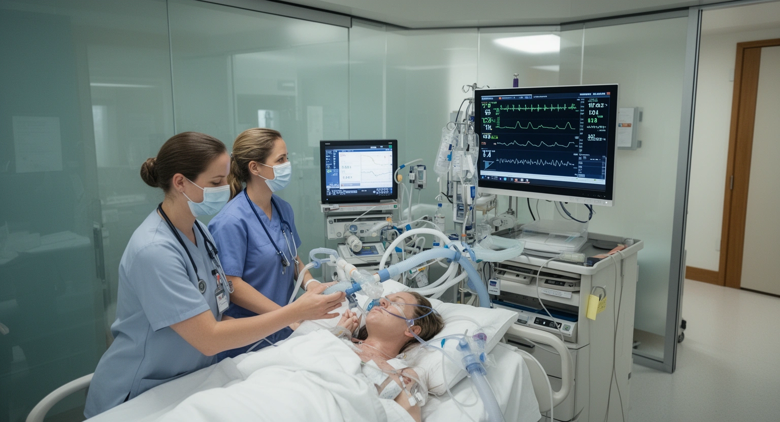 Intensive care unit ICU with nurses monitoring critically ill patients in a community hospital