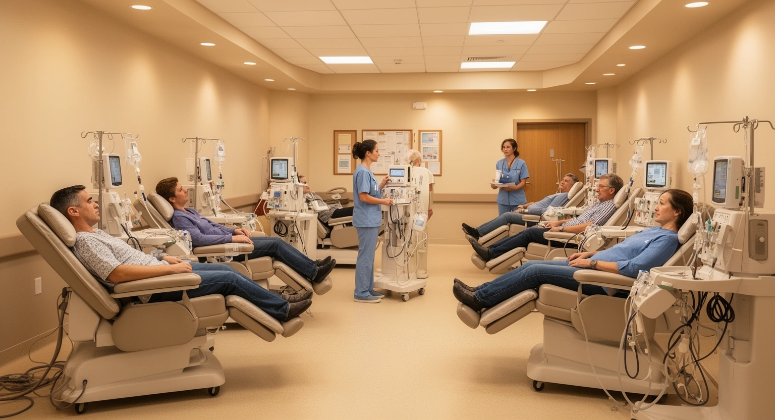 Renal dialysis center with patients undergoing hemodialysis treatment in a hospital outpatient clinic