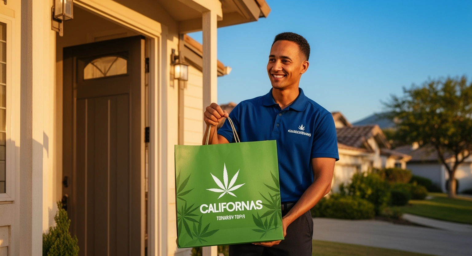 Cannabis delivery driver with Golden State Canna order heading to Fresno customer doorstep