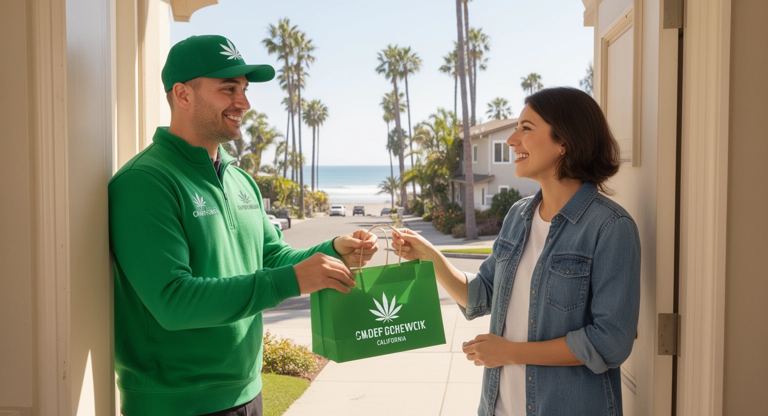 Cannabis delivery driver handing order to customer in Santa Barbara neighborhood