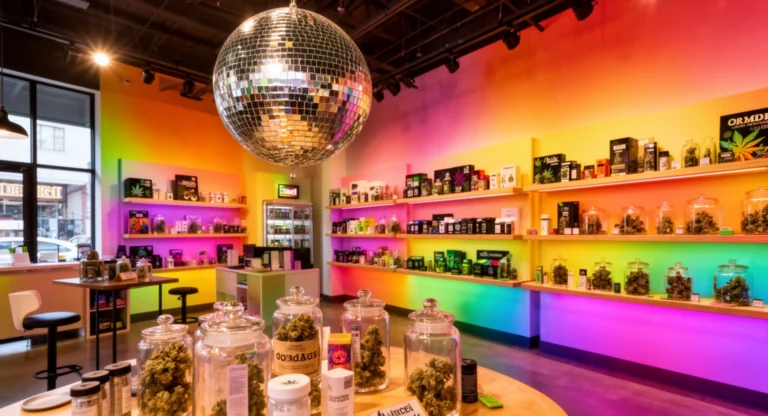 Green Qween Weed Dispensary Los Angeles colorful interior with disco ball and cannabis displays