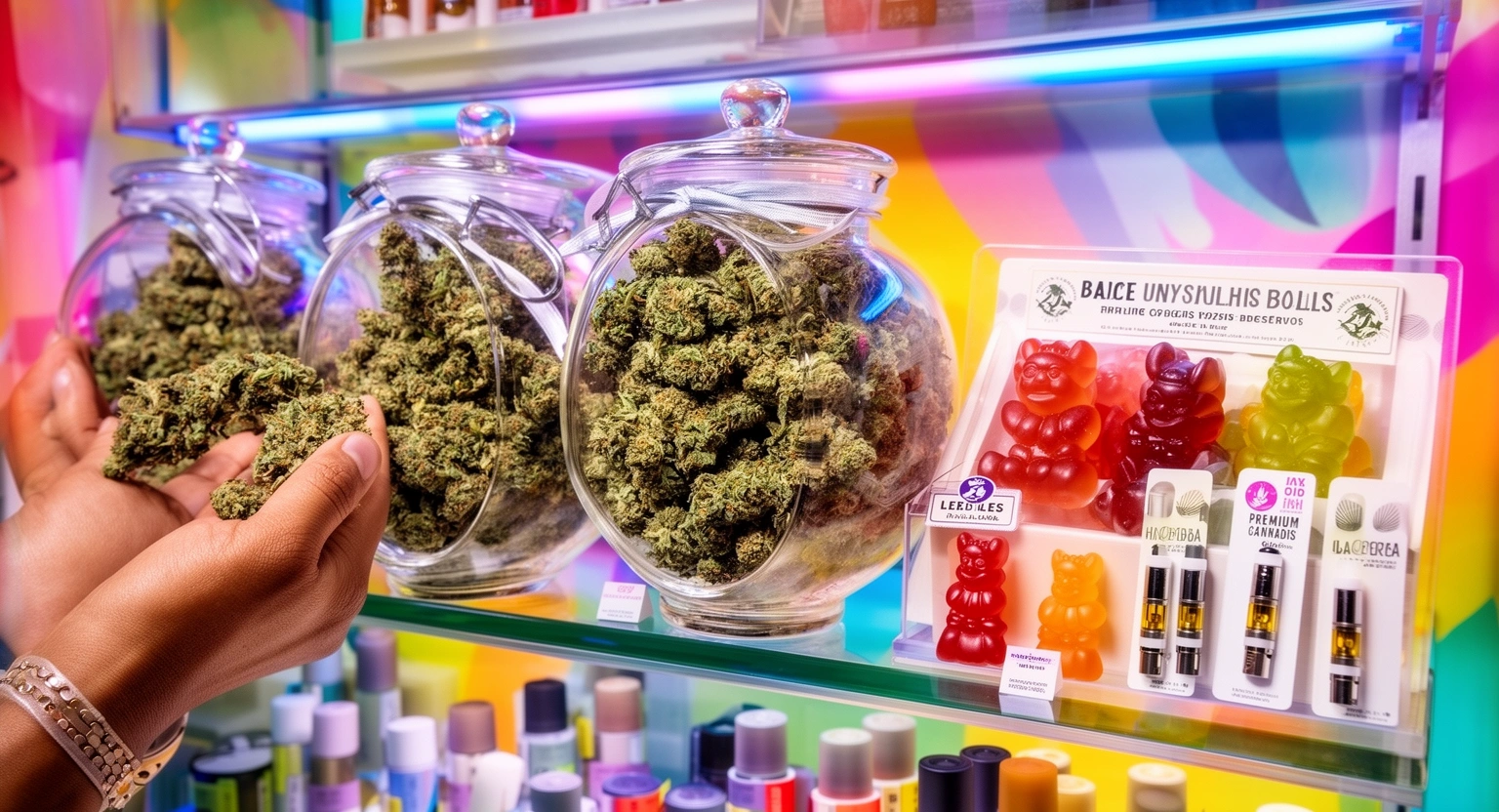 Cannabis flower, edibles and vape products on display at Green Qween DTLA dispensary