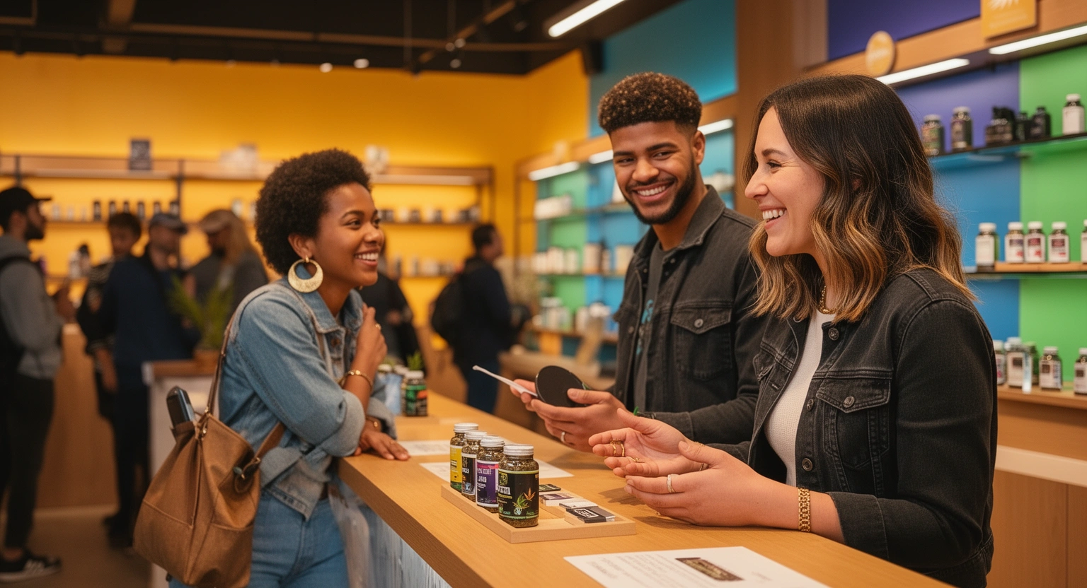 Knowledgeable budtender helping customer at Green Qween queer-owned dispensary in Los Angeles