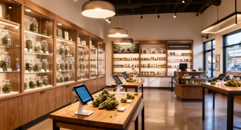 GreenBean Cannabis And Weed Dispensary interior in Woodlake California with product displays and discovery tables