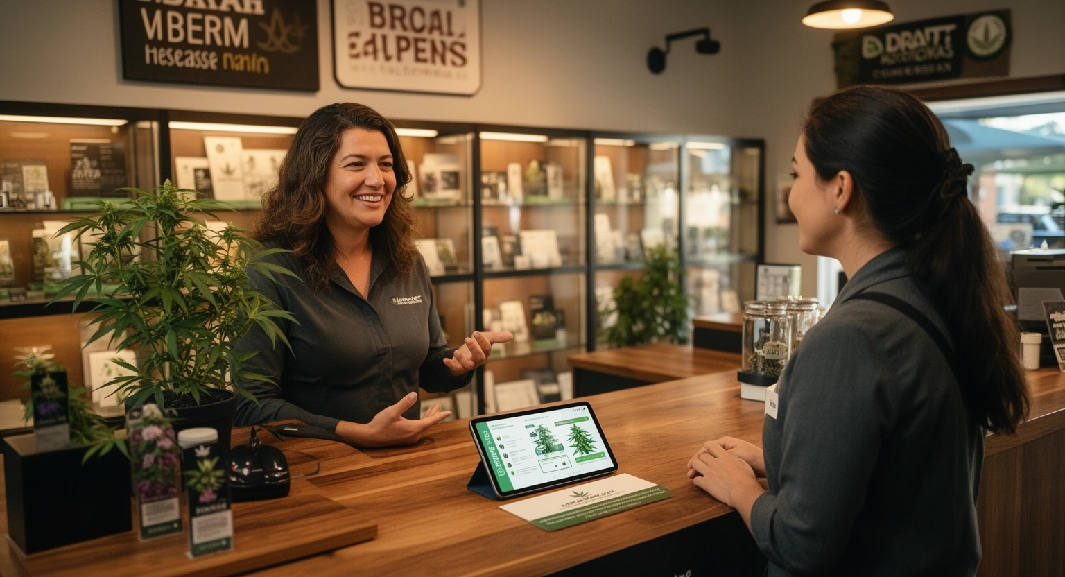 Cannabis consultant helping a patient at GreenBean dispensary in Woodlake California