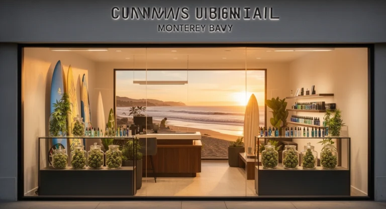 Halfpipe Cannabis Weed Dispensary Seaside California exterior and cannabis product display