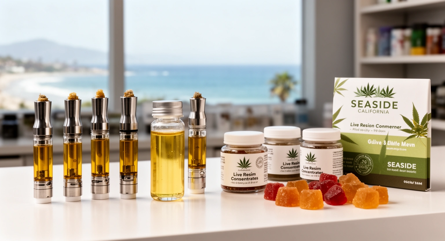 Halfpipe Cannabis vape cartridges concentrates and edibles product lineup at Seaside dispensary