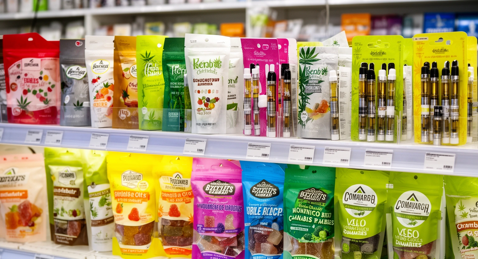 Cannabis edibles and vape products at a Michigan recreational dispensary