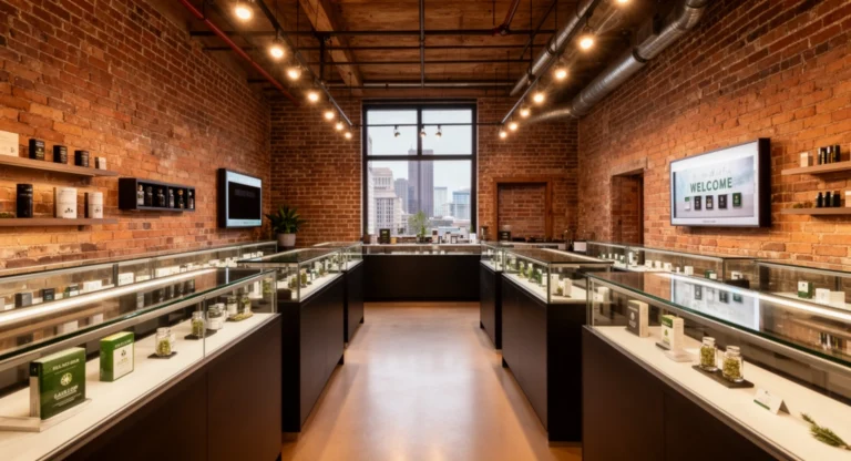 High Level Health Weed Dispensary Market St Denver LODO historic brick building interior