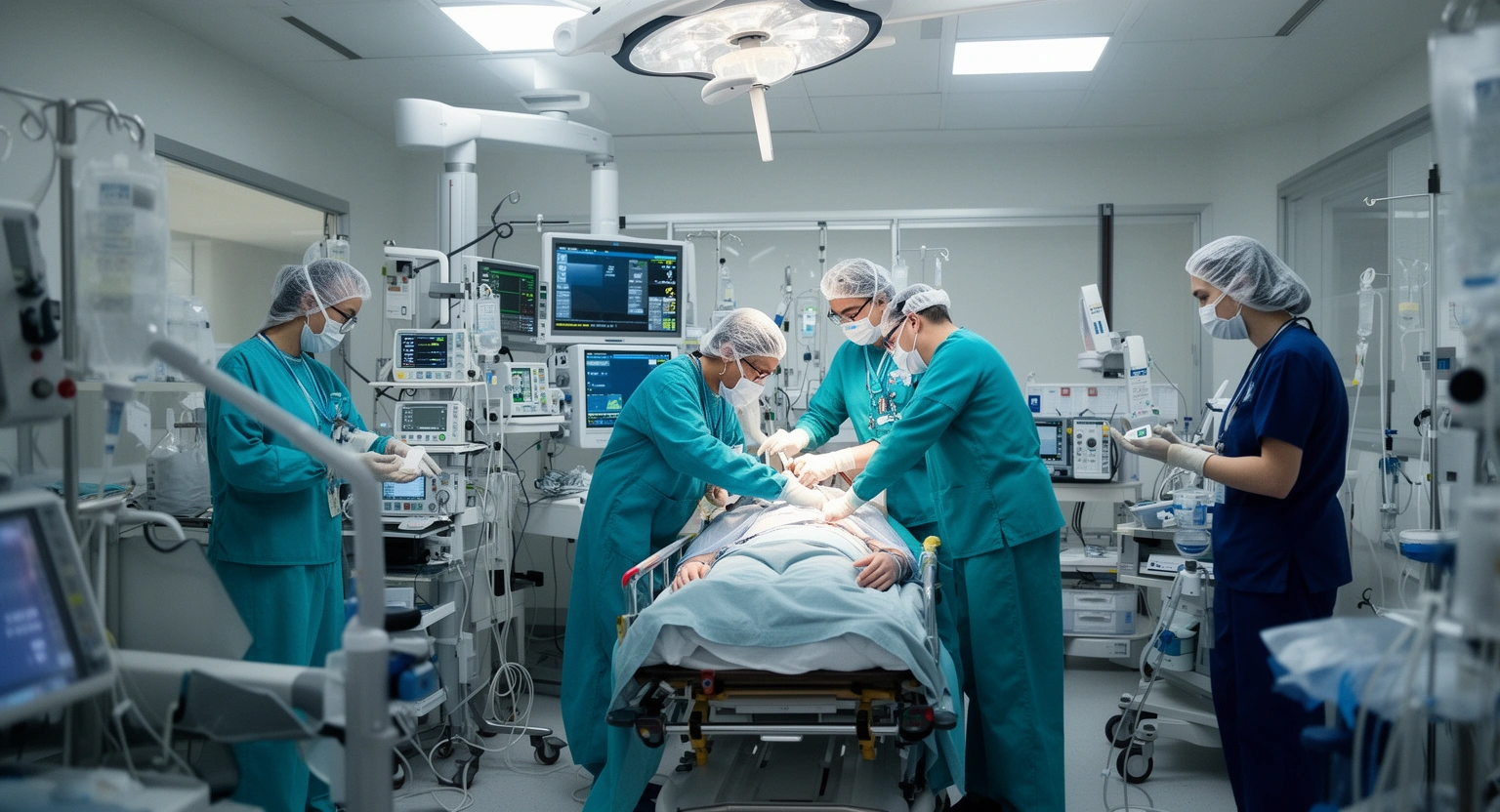 Emergency trauma care team treating patient in a Level I Trauma Center hospital