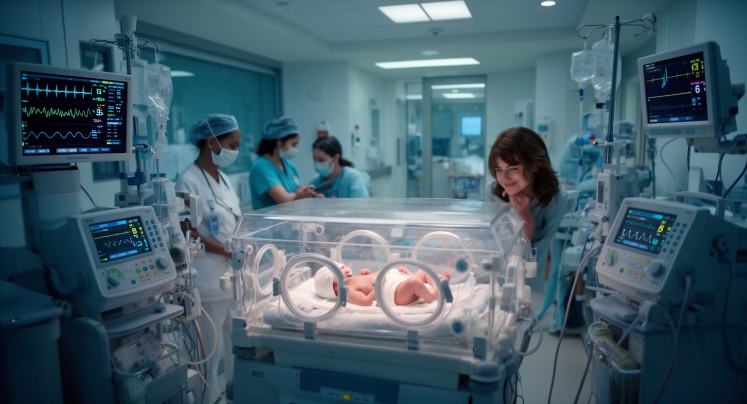 Neonatal intensive care unit NICU with premature infant in incubator at a Michigan hospital