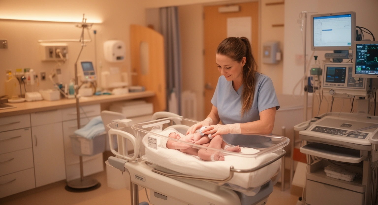 Obstetrics labor and delivery unit at a Louisiana hospital with nurse and newborn patient