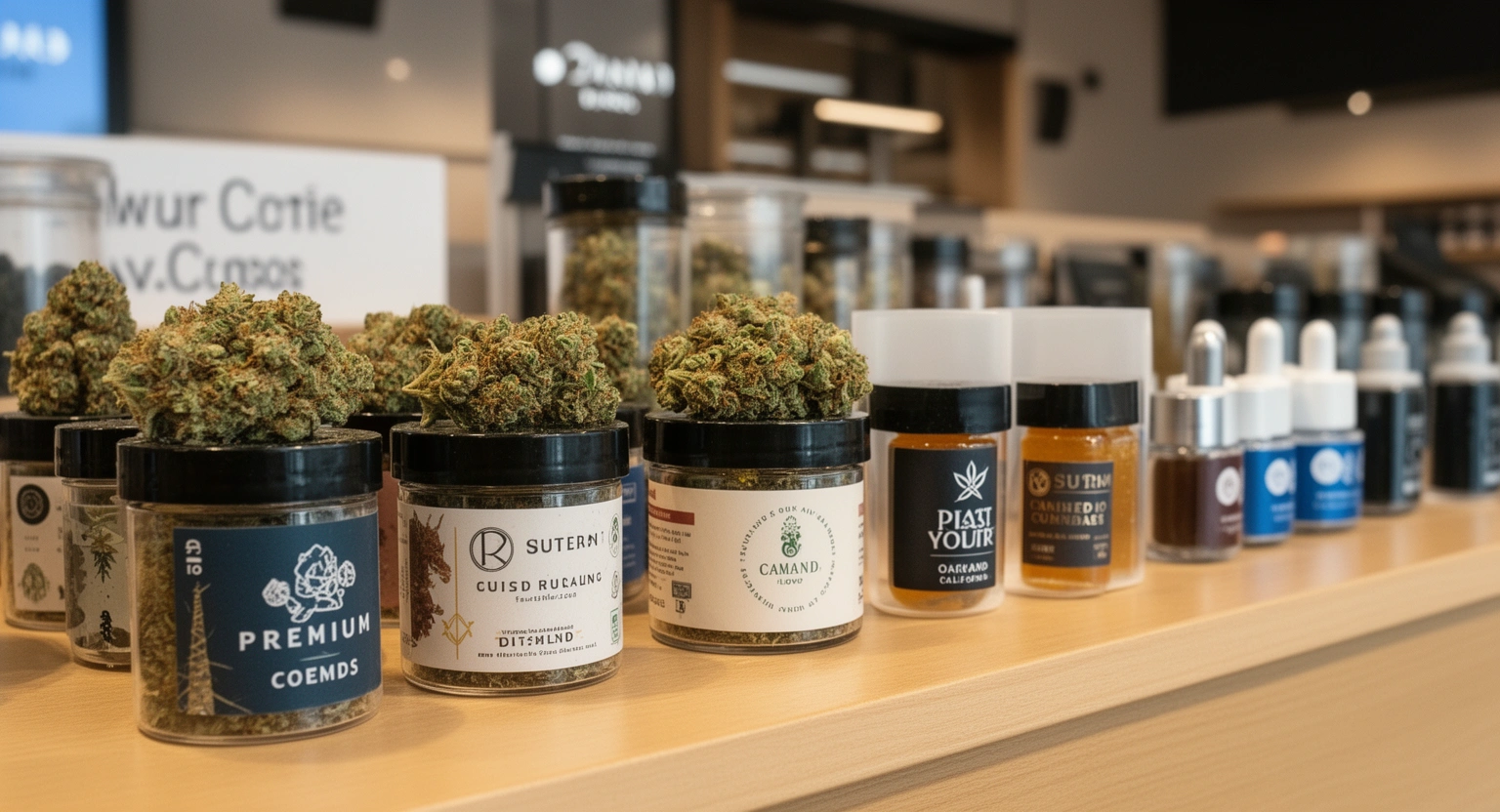 Premium cannabis flower strains and concentrates at an Oakland California dispensary