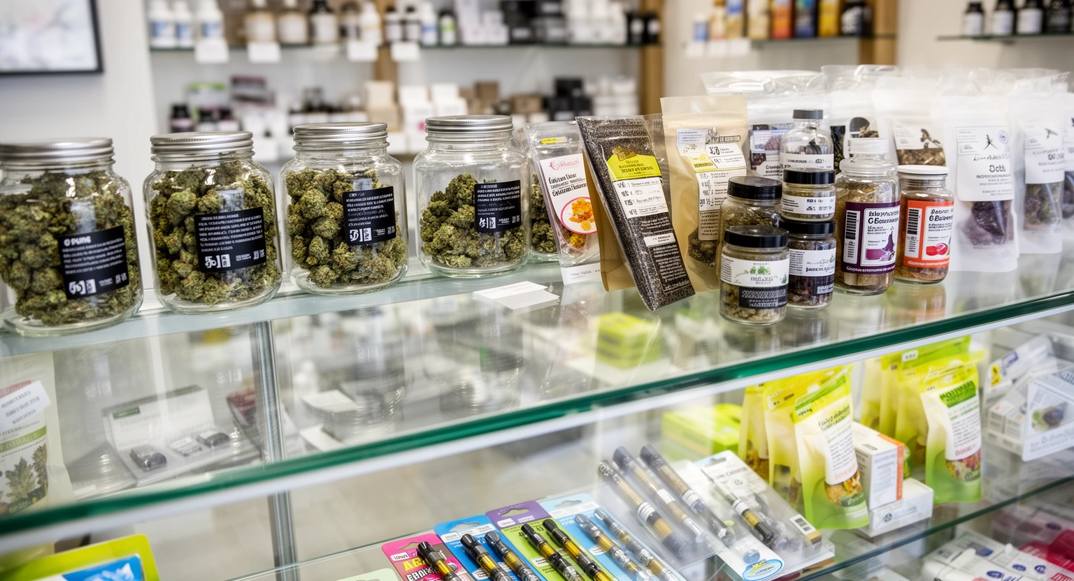 Premium cannabis flower, edibles, and concentrates on display at a California dispensary