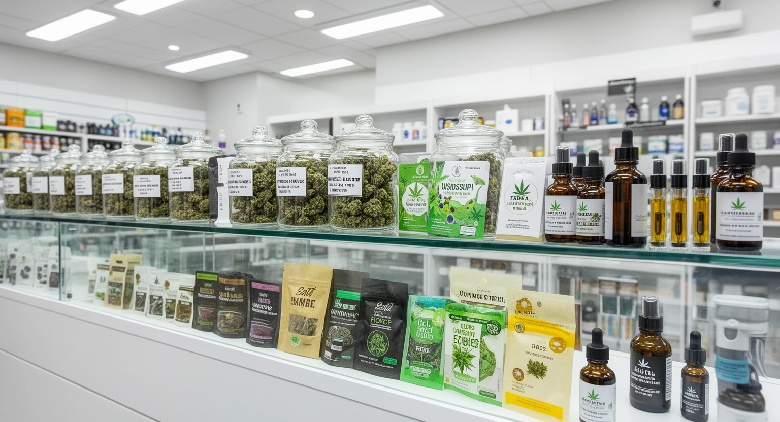 Medical cannabis flower, edibles, vape cartridges and tinctures displayed at a Vicksburg Mississippi dispensary