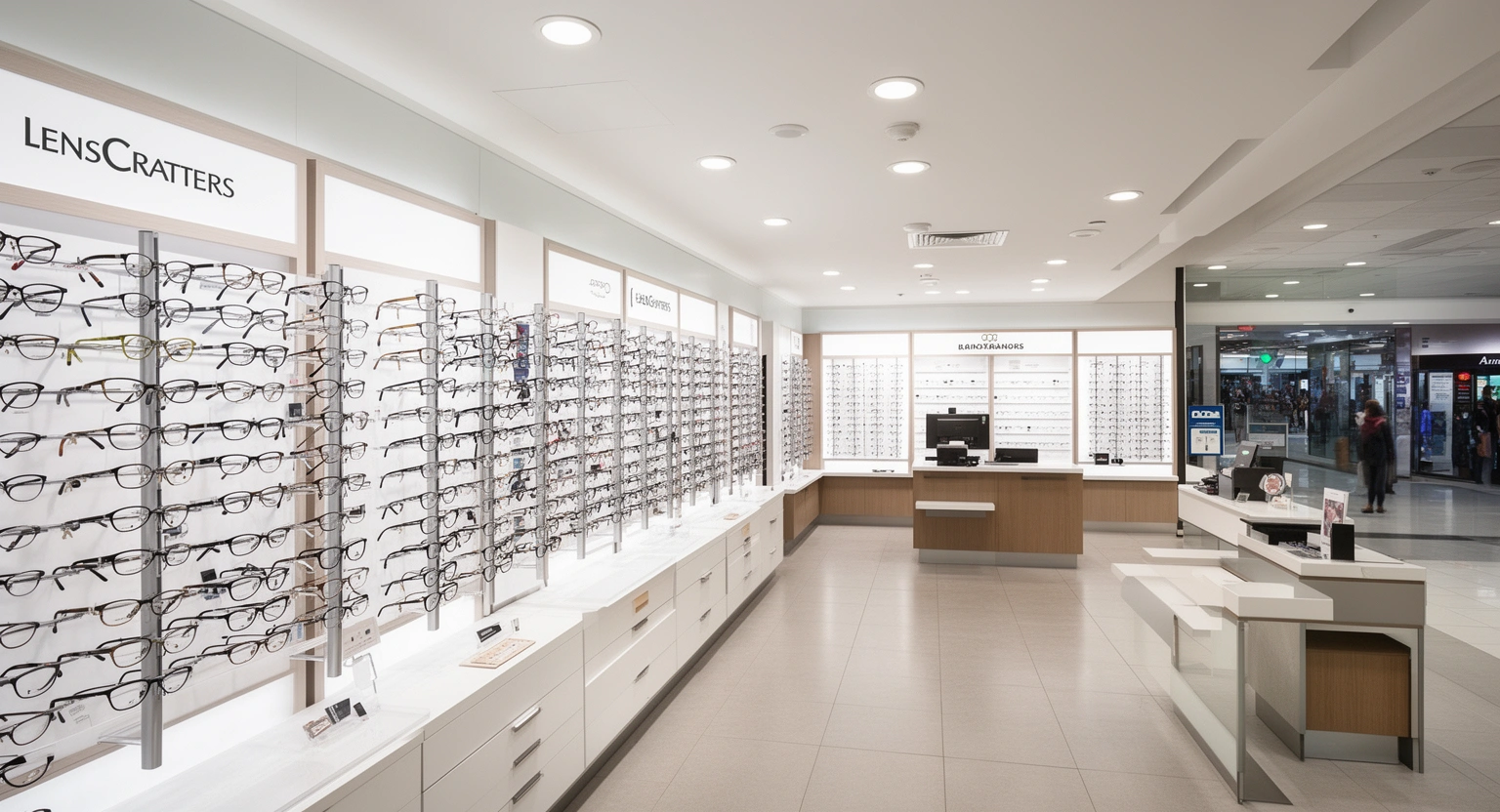 LensCrafters optical retail store interior with eyeglass frames on display and eye exam area