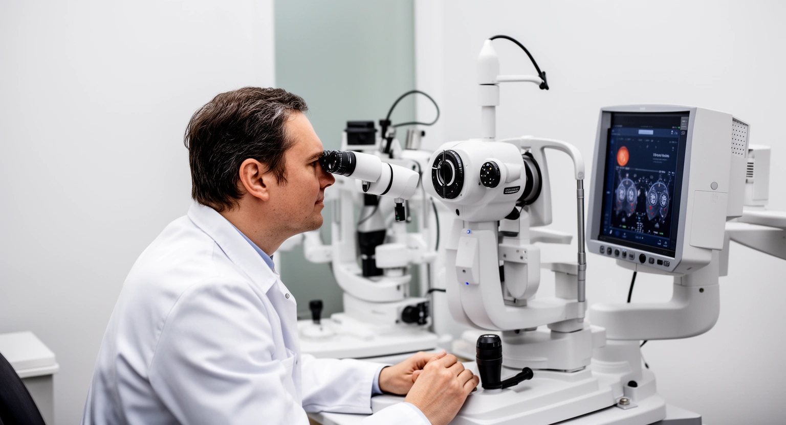 Optometrist conducting a comprehensive eye exam using advanced digital equipment at an optical center