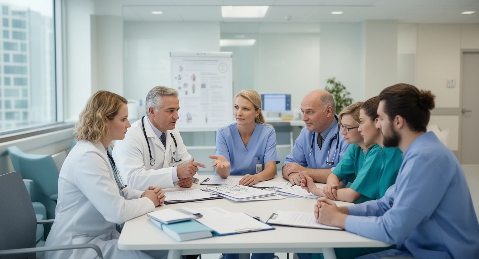 Psychiatrist and multidisciplinary behavioral health team in a clinical consultation at a mental health hospital