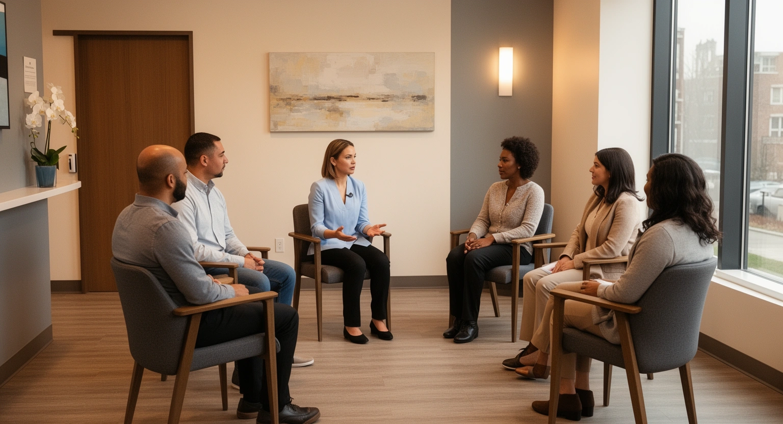 Adolescent and adult group therapy session at a behavioral health outpatient treatment center in Illinois