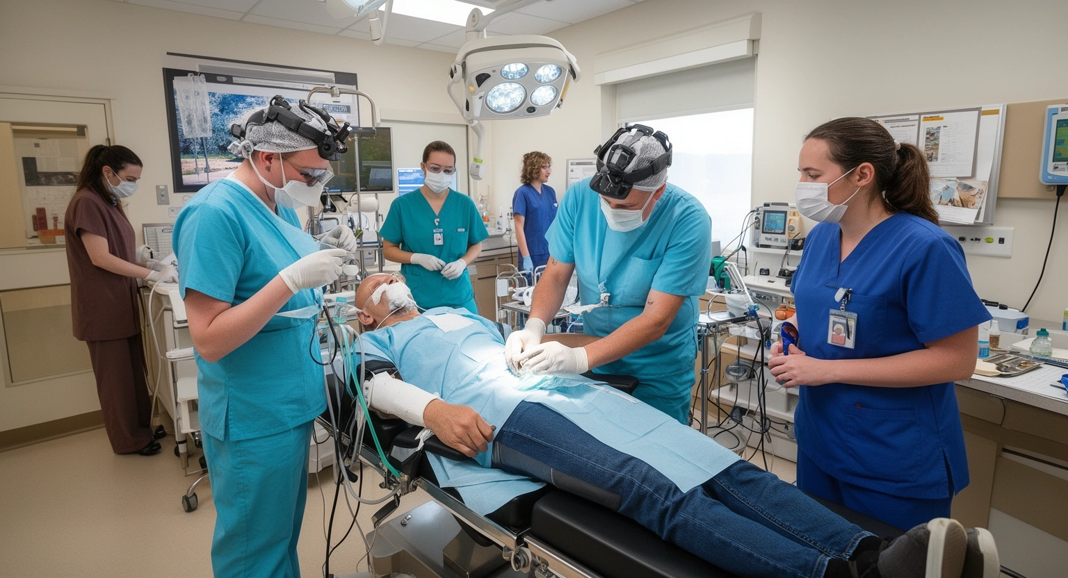 Orthopedic surgeon treating a ski or sports injury at a Mount Washington Valley hospital in New Hampshire